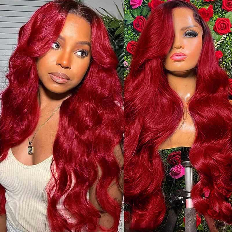 ALIGLOSSY 200% 250% Ombre 1B/Burgundy 13x4 HD Lace Front Body Wave Hair Wigs