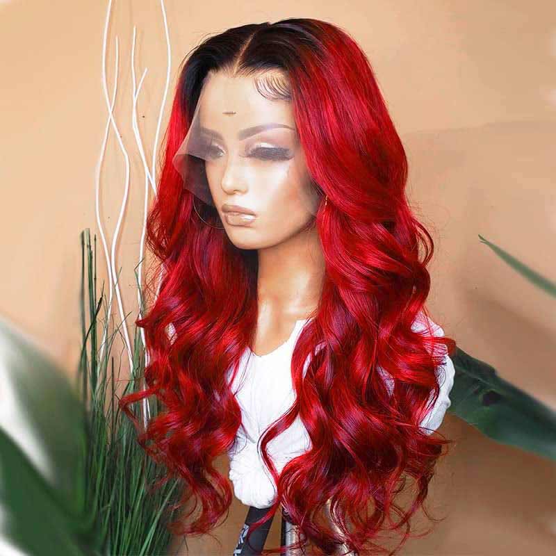 ALIGLOSSY 13x4 Lace Front 180 Density Ombre 1B/Burgundy Body Wave Wig