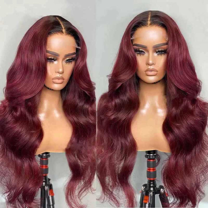 ALIGLOSSY 200% 250% Ombre 1B/99J 13x4 Transparent Body Wave Human Hair Wigs