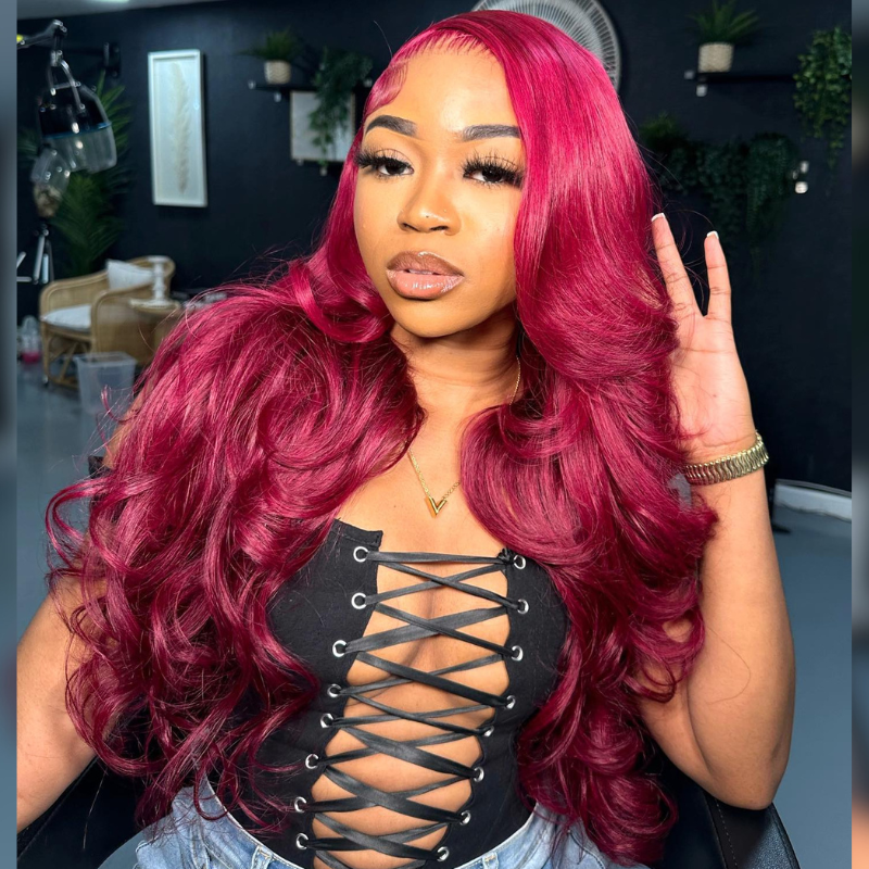 ALIGLOSSY 250 Density Burgundy Red Body Wave Wig 13x4 Lace Front Virgin Human Hair Wigs