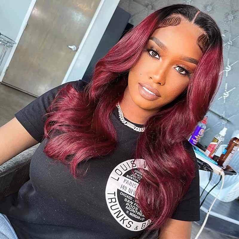 ALIGLOSSY 250% Density 1B/99J Ombre 13X4 Transparent Lace Front Body Wave Wig
