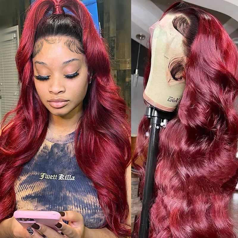 ALIGLOSSY 13x4 HD Transparent Lace Front Ombre 1B/99J Body Wave Wig