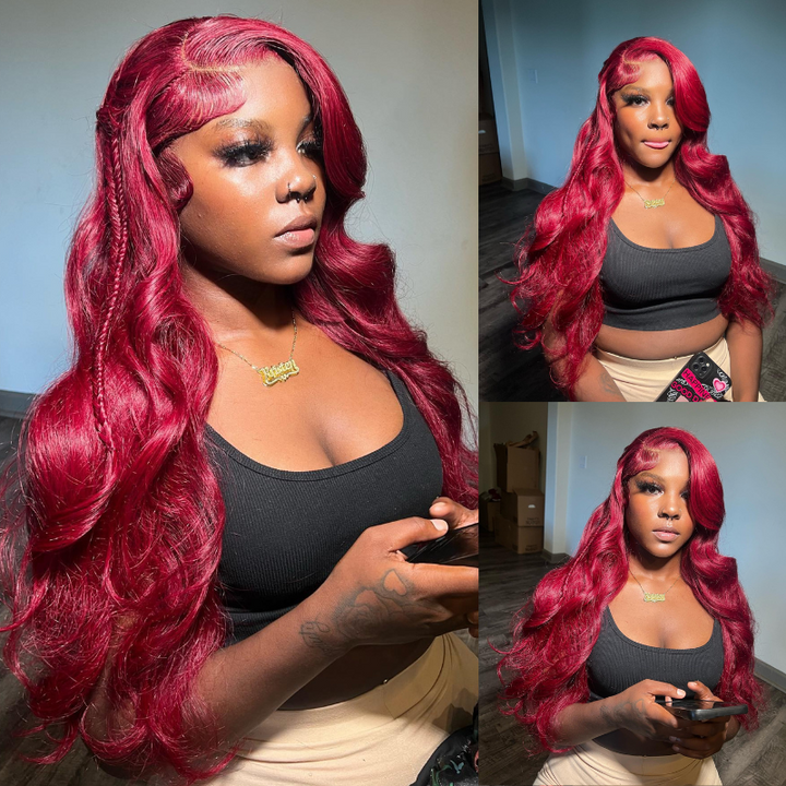 ALIGLOSSY 250 Density 13x4 Lace Front Burgundy 99J Red Body Wave Human Hair Wigs