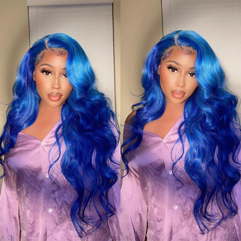 180% Density 13x4 Lace Frontal Blue Color Body Wave Human Hair Wigs