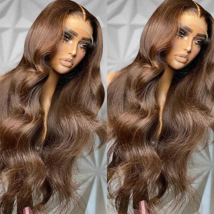 ALIGLOSSY 13x4 Chocolate Brown Body Wave Wig 180 Density HD Transparent Wavy Human Hair Wigs