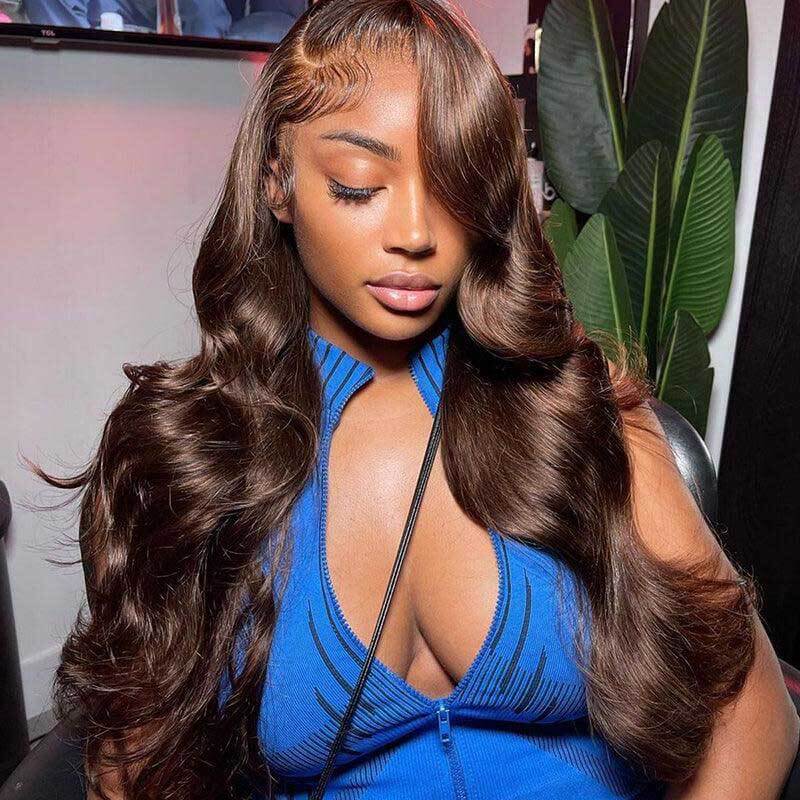 ALIGLOSSY 180% Density Chocolate Brown 13x4 Glueless Body Wave HD Lace Front Wig