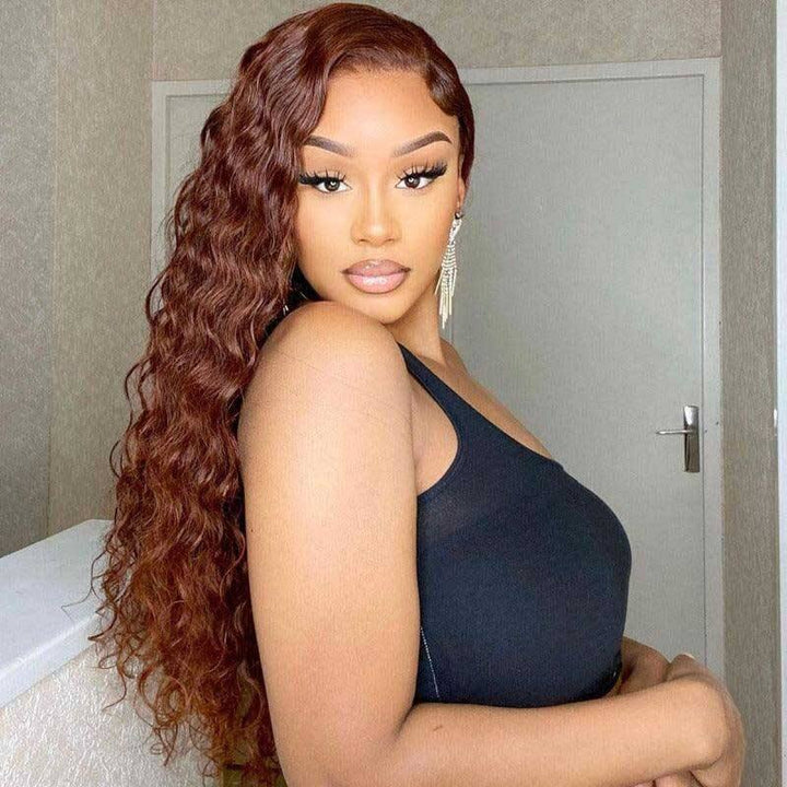 ALIGLOSSY Reddish Brown 13x4 Glueless Deep Wave Curly Human Hair Wigs