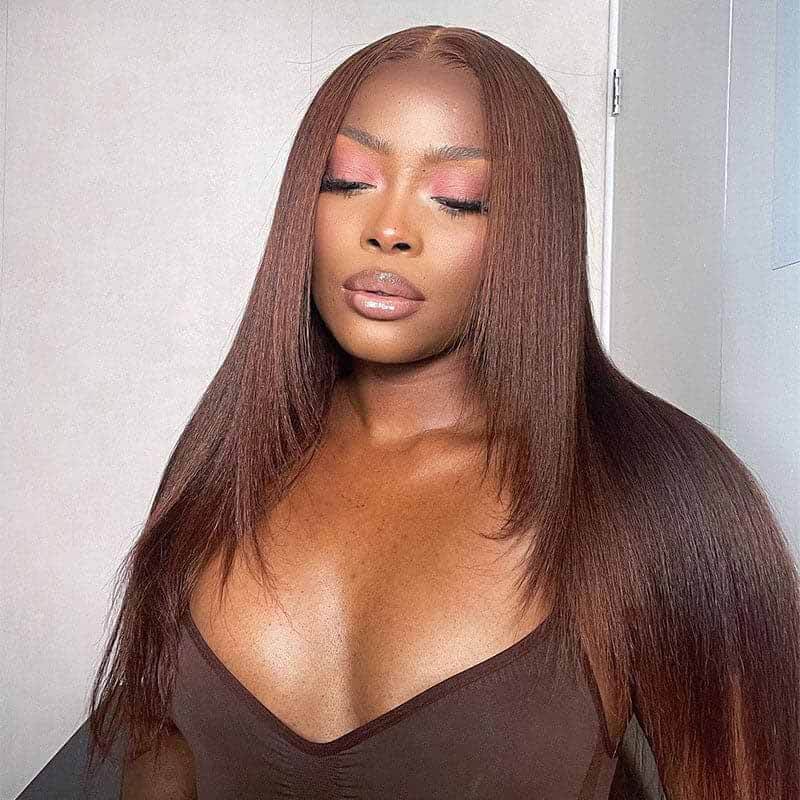 ALIGLOSSY Chocolate Brown 13x4 HD Transparent Straight Lace Front Human Hair Wigs