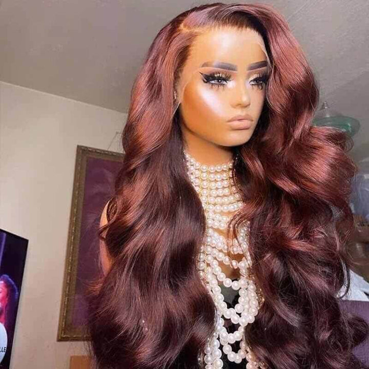 ALIGLOSSY 13X4 Reddish Brown HD Transparent Body Wave Lace Front Wig