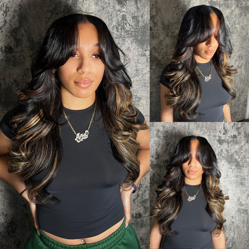 Aliglossy 250 Density 13x4 Lace Frontal Black Body Wave Curtain Bang Wig With Brown Highlights Human Hair Wigs