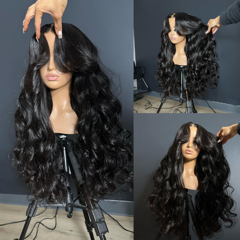ALIGLOSSY Loose Wave Curtain Bangs Wig 13x6 HD Lace Frontal Human Hair Wig