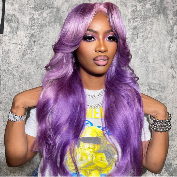 Aliglossy Purple Color 250 Density Curtain Bangs 13x4 Lace Front Body Wave Human Hair Wigs