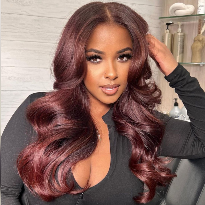 Aliglossy Brownish Red Curtain Bangs Wig 13x4 Lace Frontal Reddish Brown Body Wave Human Hair Wigs