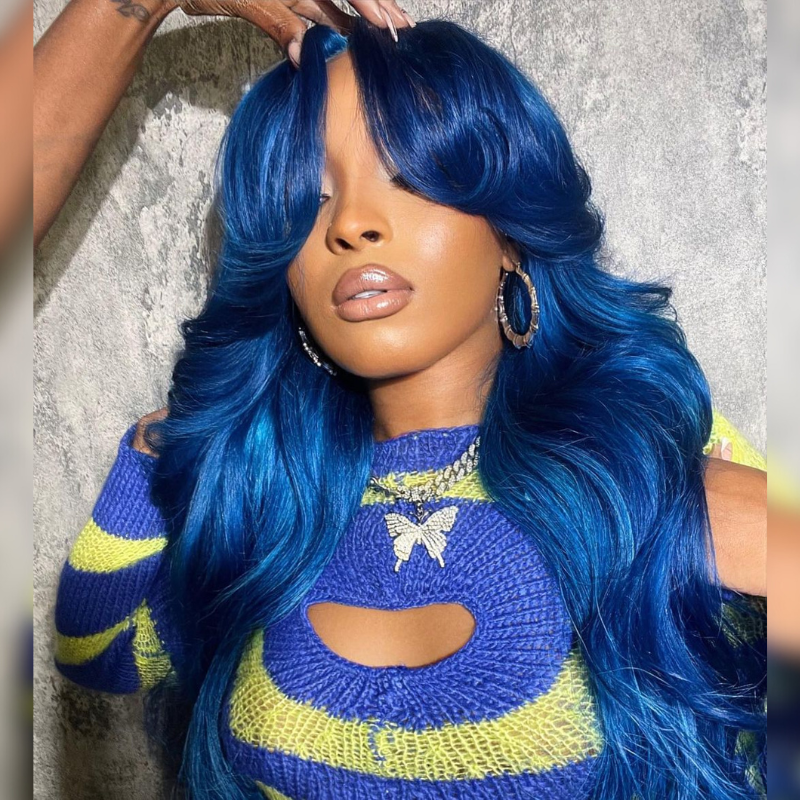 Aliglossy Blue 13x4 Transparent Lace Front Curtain Bangs Body Wave Human Hair Wigs