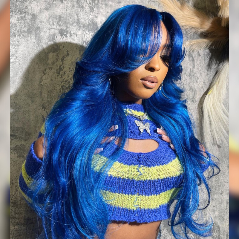 Aliglossy Blue 13x4 Transparent Lace Front Curtain Bangs Body Wave Human Hair Wigs