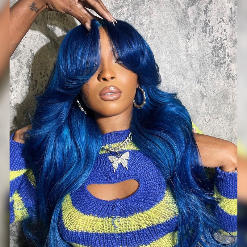 Aliglossy Blue 13x4 Transparent Lace Front Curtain Bangs Body Wave Human Hair Wigs