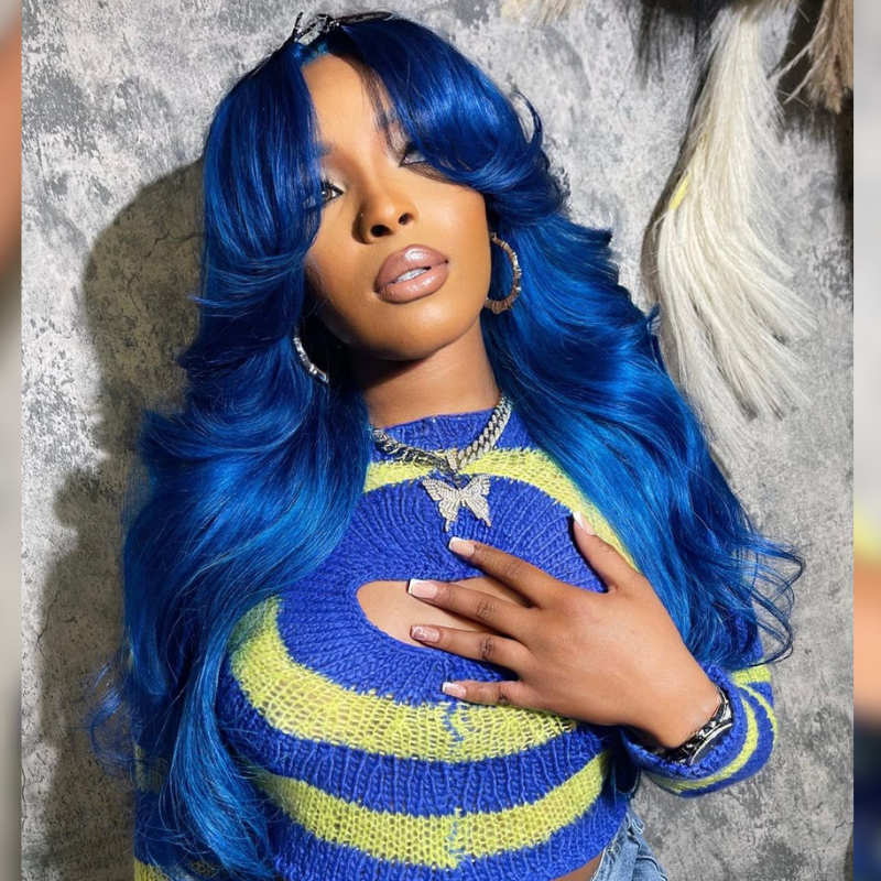 Aliglossy Blue 13x4 Transparent Lace Front Curtain Bangs Body Wave Human Hair Wigs