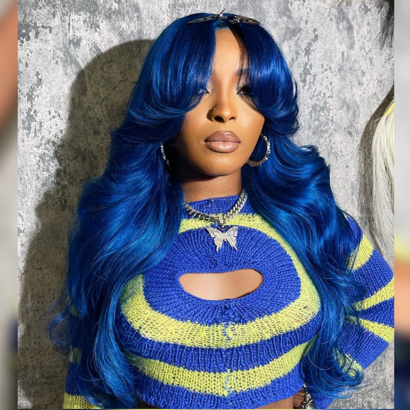 Aliglossy Blue 13x4 Transparent Lace Front Curtain Bangs Body Wave Human Hair Wigs