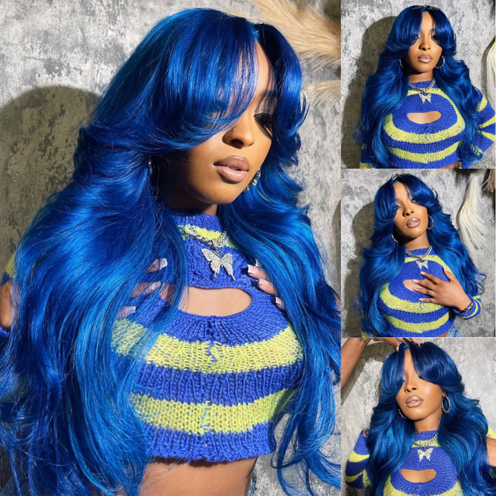 Aliglossy Blue 13x4 Transparent Lace Front Curtain Bangs Body Wave Human Hair Wigs