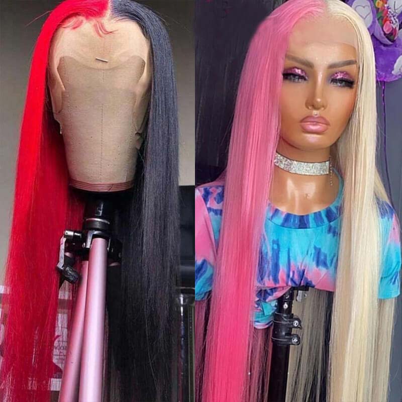 ALIGLOSSY Half Blonde Half Black Pink Red Blue Pastel Green Grey Purple Wig 13x4 Lace Front Straight Human Hair Wigs