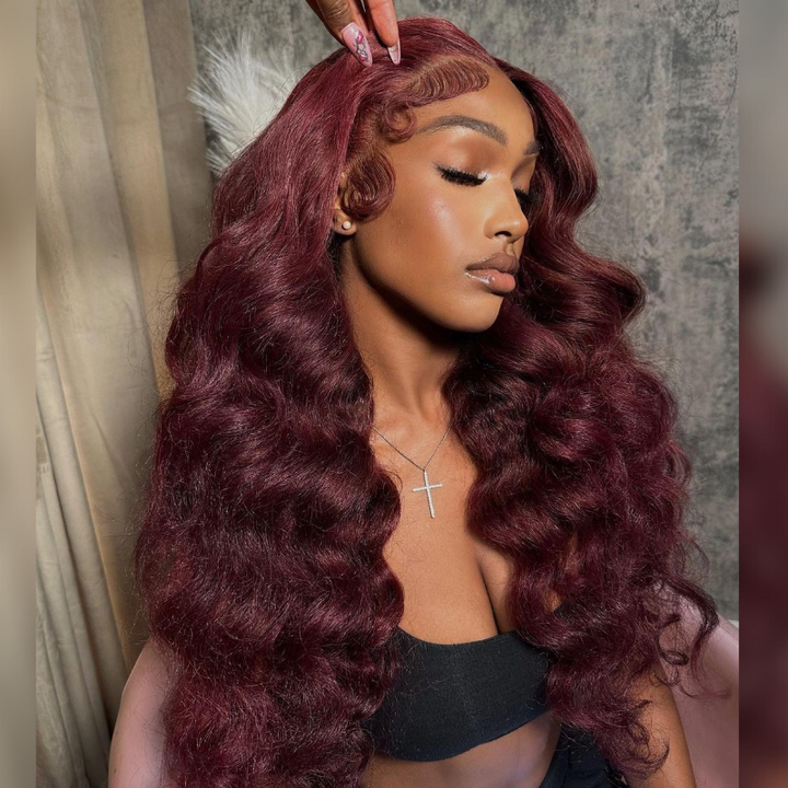 Aliglossy 250 300 Density Dark Red 13x4 Lace Frontal Wand Curls Loose Deep Wave Human Hair Wigs
