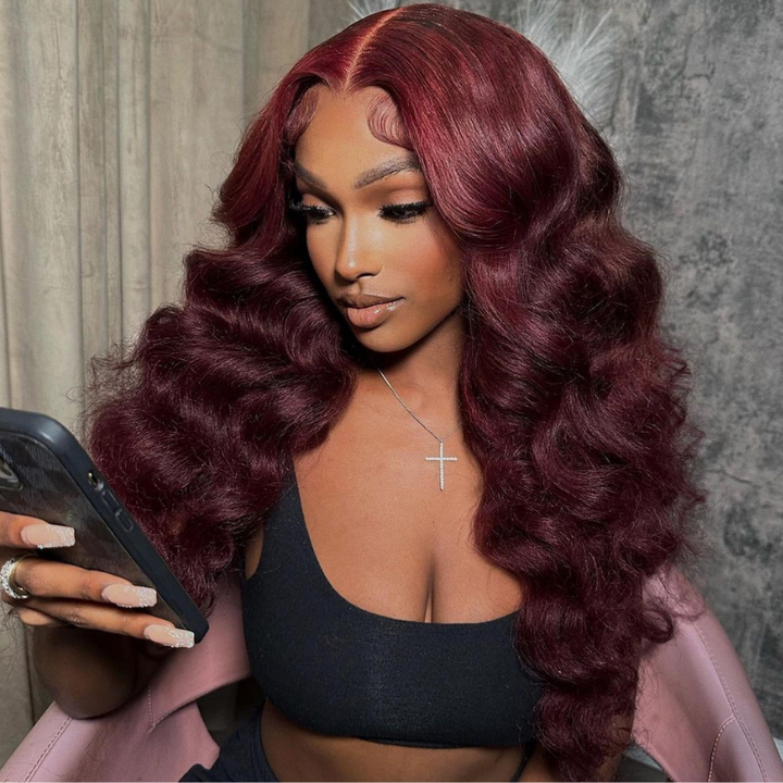 Aliglossy 250 300 Density Dark Red 13x4 Lace Frontal Wand Curls Loose Deep Wave Human Hair Wigs