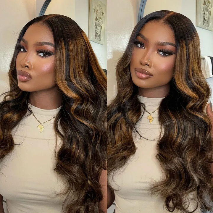 ALIGLOSSY 180 Density 13x6 Highlight Body Wave Lace Front Wig 1b/30 Wavy HD Transparent Human Hair Wigs