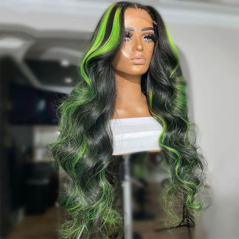 ALIGLOSSY 180% Density Black Green 13x4 HD Lace Frontal Human Hair Wig