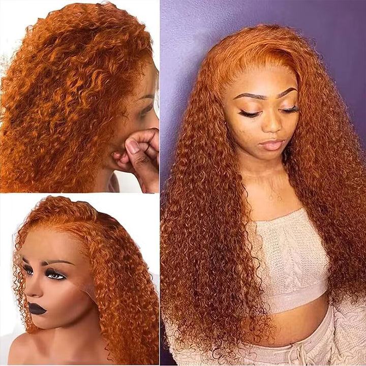 ALIGLOSSY 13X4 Ginger Deep Wave Lace Front Wig 180 Density HD Transparent Human Hair Wigs