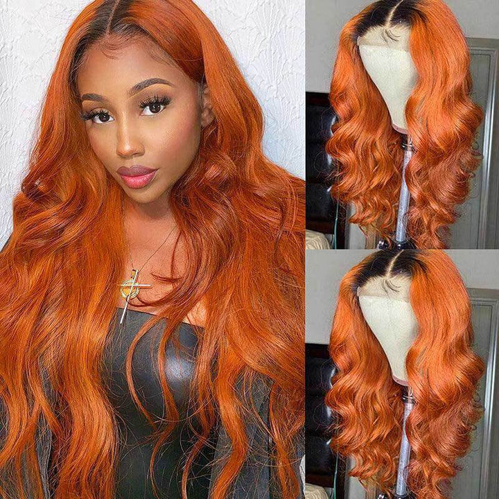 ALIGLOSSY 1B/Ginger 13x4 Glueless Body Wave Lace Front Wig Human Hair