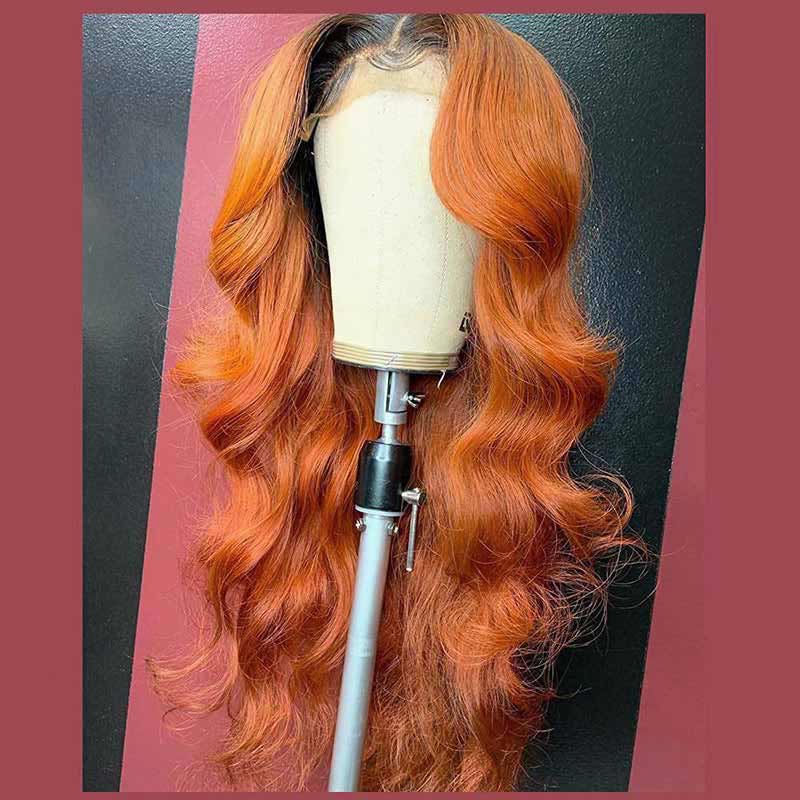 ALIGLOSSY 180 Density 13x4 Transparent Lace Front Ombre 1B/Ginger Body Wave Wig