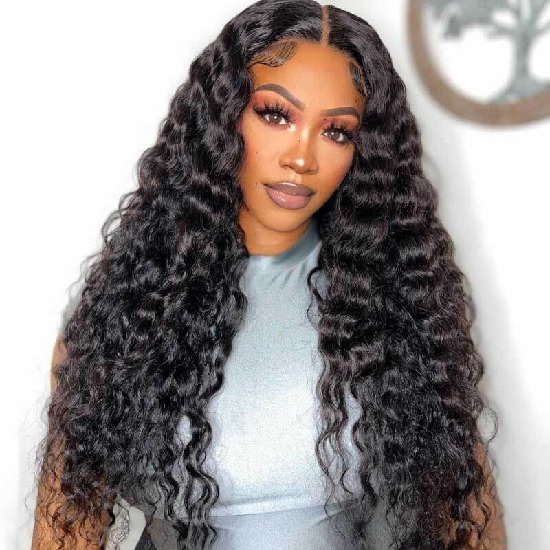 ALIGLOSSY 4x4 180% Density Pre Cut Wear Go Glueless Loose Deep Wave Human Hair Wig