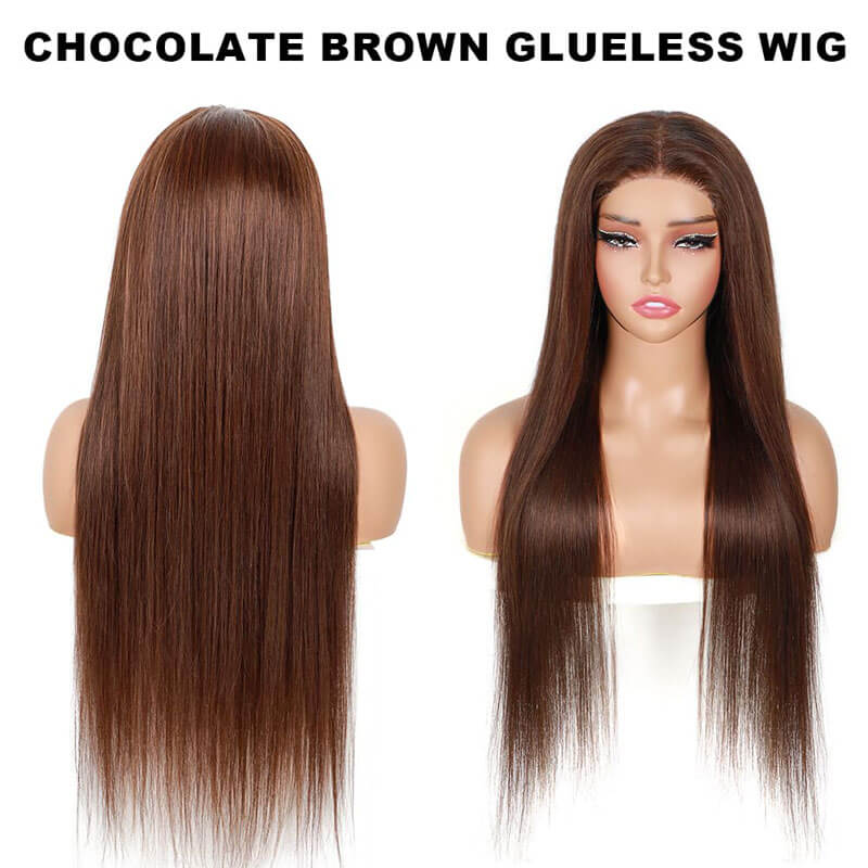 ALIGLOSSY #4 Chocolate Brown Pre Cut 4x4 5x5 Glueless Lace Straight Wear Go Wig