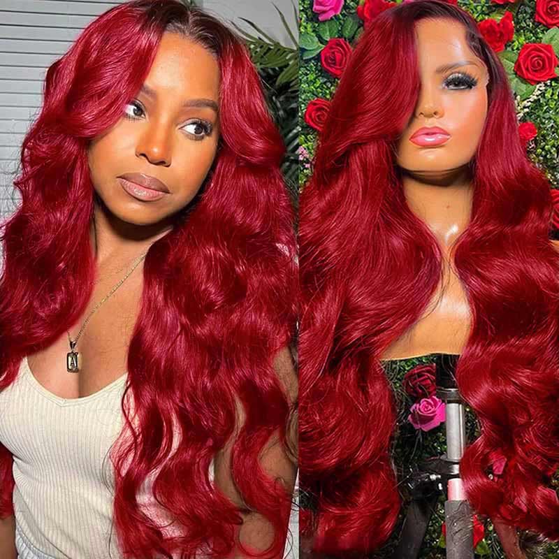 ALIGLOSSY 13x4 Lace Front 180 Density Ombre 1B/Burgundy Body Wave Wig