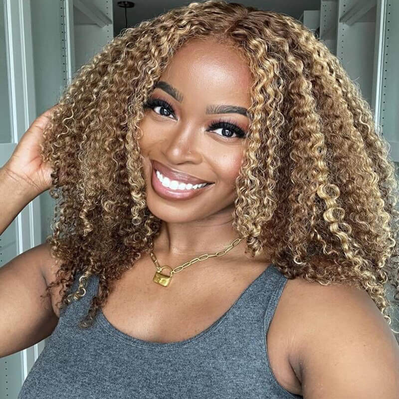 ALIGLOSSY Short Jerry Curly 13x4 Glueless Lace Front Bob Wig Highlight