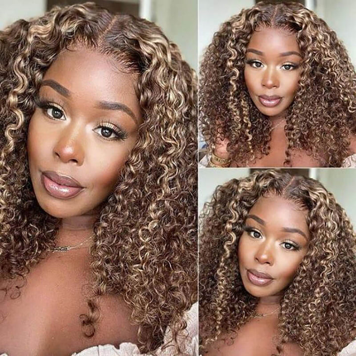 ALIGLOSSY Short Jerry Curly 13x4 Glueless Lace Front Bob Wig Highlight