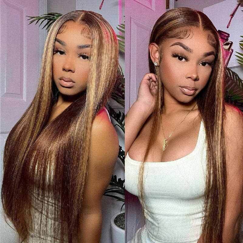 ALIGLOSSY 200 250 Density 13x4 HD Lace Front P4/27 Highlight Straight Hair Wig