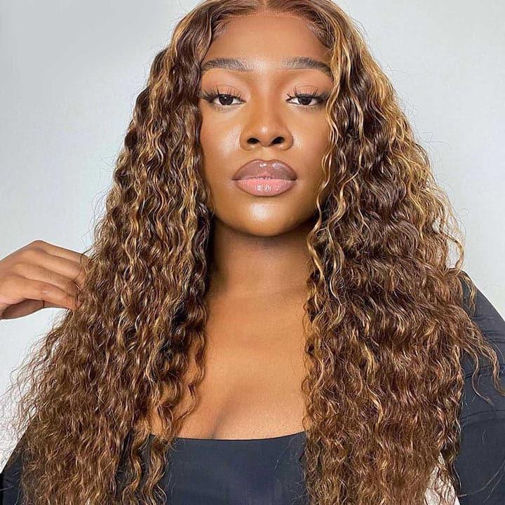 ALIGLOSSY 200 250 Density Deep Wave Wig 4/27 Highlight HD Transparent Curly Human Hair Wigs