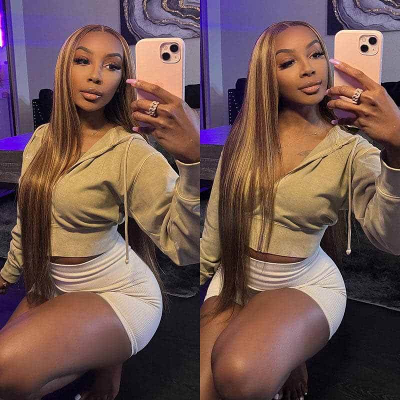ALIGLOSSY Honey Blonde Highlight13x4 HD Transparent Lace Front Wig