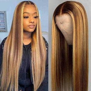 ALIGLOSSY Honey Blonde Highlight13x4 HD Transparent Lace Front Wig
