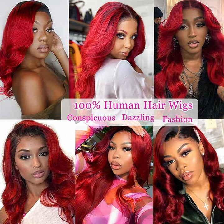 ALIGLOSSY 13x4 Lace Front 180 Density Ombre 1B/Burgundy Body Wave Wig