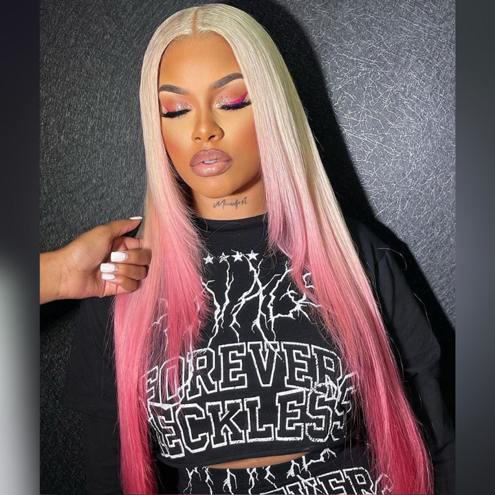 Ombre Pink Two Tones Layered Cut Wig 13x4 Lace Frontal Human Hair Wigs
