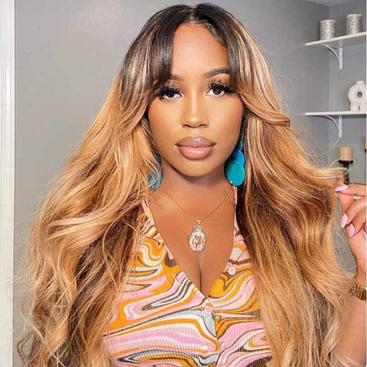 ALIGLOSSY Ombre Brown 1B/27 13x4 Glueless Body Wave Lace Front Wig