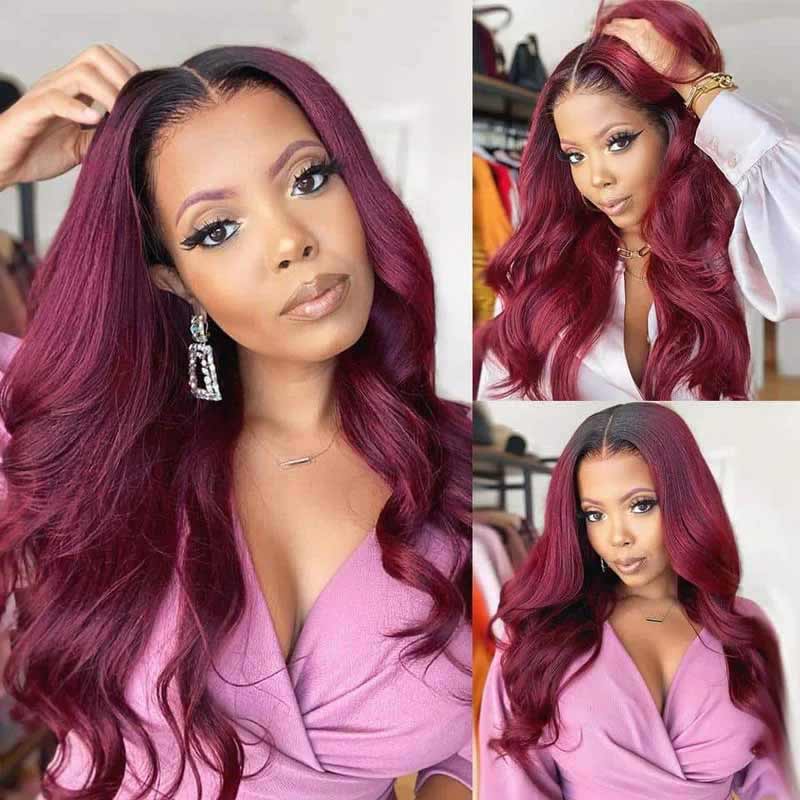 ALIGLOSSY 13x4 HD Transparent Lace Front Ombre 1B/99J Body Wave Wig