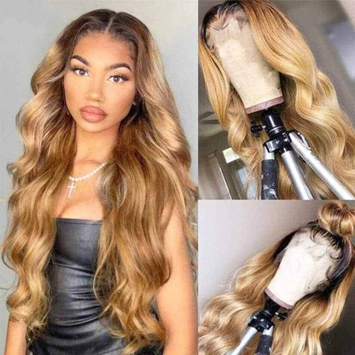ALIGLOSSY Ombre Brown 1B/27 1B/30 13x4 HD Transparent Lace Front Body Wave Wig