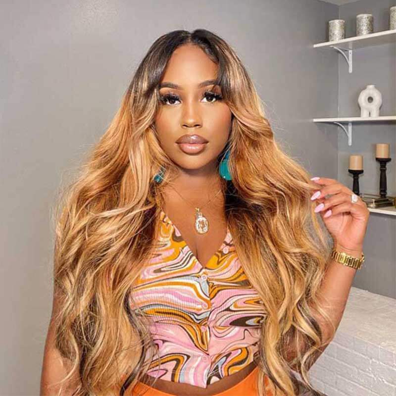 ALIGLOSSY Ombre Brown 1B/27 13x4 Glueless Body Wave Lace Front Wig