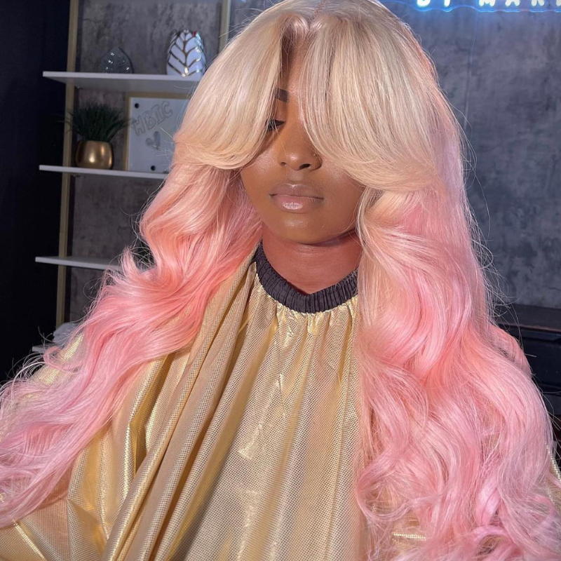 Aliglossy Curtain Bangs Ombre 613 Blonde Pink Color Wig 250 Density 13x4 HD Transparent Lace Front Human Hair Wigs