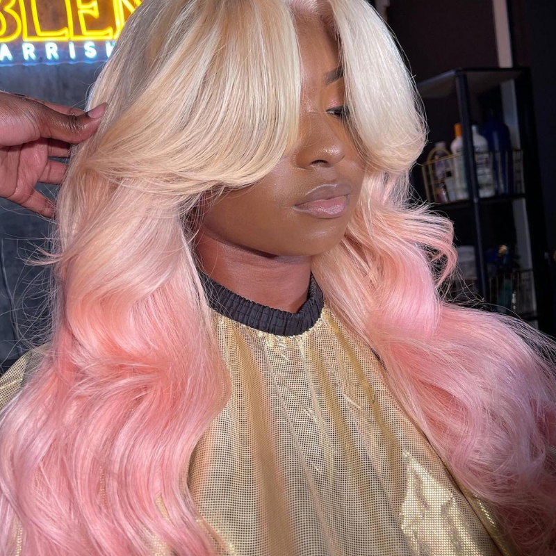 Aliglossy Curtain Bangs Ombre 613 Blonde Pink Color Wig 250 Density 13x4 HD Transparent Lace Front Human Hair Wigs