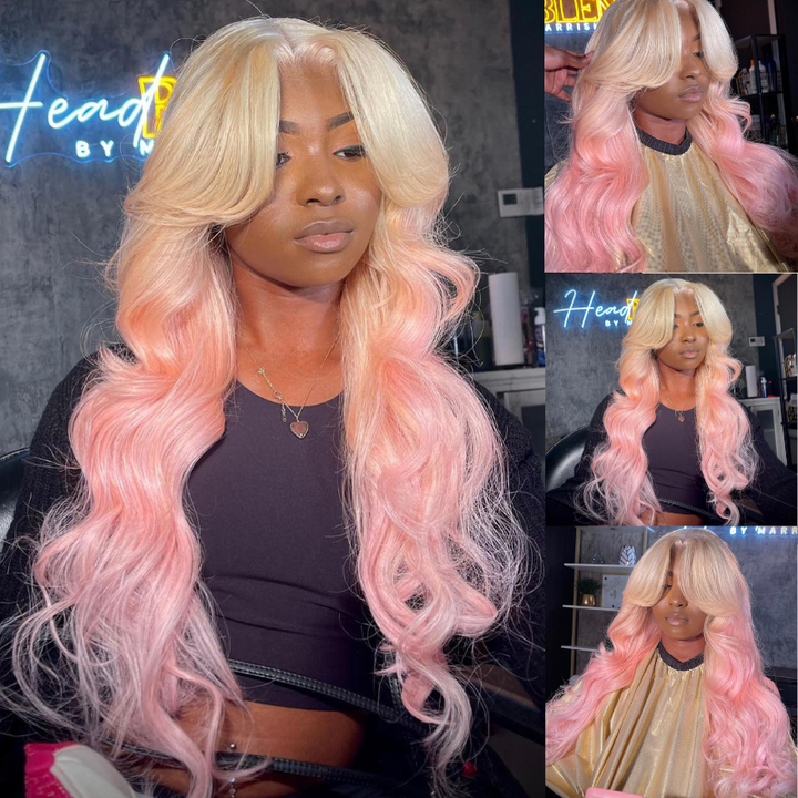 Aliglossy Curtain Bangs Ombre 613 Blonde Pink Color Wig 250 Density 13x4 HD Transparent Lace Front Human Hair Wigs