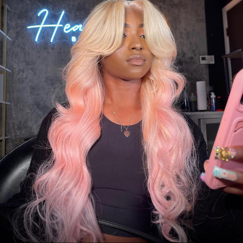 Aliglossy Curtain Bangs Ombre 613 Blonde Pink Color Wig 250 Density 13x4 HD Transparent Lace Front Human Hair Wigs